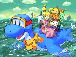  +++ 2girls 3boys :d ^_^ bandana bandana_around_neck belt black_eyes blue_gem blue_skin blue_sky brown_belt closed_eyes closed_mouth clouds colored_skin commentary crown day dorrie dress dulles_(mario) earrings elbow_gloves ellow_(mario) eyelashes gem gloves goggles green_skin hand_up highres ireen_(mario) jewelry long_hair loog_(mario) mario_&amp;_luigi:_brothership mario_&amp;_luigi_rpg multiple_boys multiple_girls ocean open_mouth orange_bandana outdoors pink_dress pink_hair pink_lips princess_peach puffy_short_sleeves puffy_sleeves red_gem riding ship short_sleeves sidelocks silhouette sitting sky smile sphere_earrings star_(symbol) starlow super_mario_bros. untranslatable_commentary water watercraft white_gloves yamari_(ya_mari_6363) yellow_bandana yellow_skin 