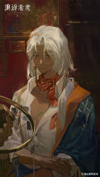  absurdres anil_(reverse:1999) blue_capelet brown_eyes capelet closed_mouth copyright_name copyright_notice dark-skinned_male dark_skin earrings hand_on_own_arm highres indoors jewelry logo long_hair neckerchief official_art official_wallpaper paint_on_clothes painting_(object) red_neckerchief reverse:1999 shirt single_earring white_hair white_shirt 