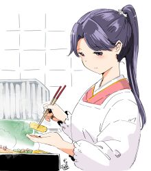  1girl apron bento chopsticks closed_mouth commentary_request food highres holding holding_chopsticks houshou_(kancolle) japanese_clothes kantai_collection kappougi kimono long_hair long_sleeves mochisaka_mitsuki omelet ponytail purple_hair signature solo steam tamagoyaki tile_wall tiles upper_body violet_eyes 