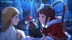  2girls animal bedroom black_gloves blonde_hair brown_hair card_commentary child christmas christmas_tree commentary_request game_cg gift gloves holding holding_gift idolmaster idolmaster_million_live! idolmaster_million_live!_theater_days indoors long_hair looking_at_another matsuda_arisa multiple_girls night official_art one_eye_closed open_window reindeer santa_costume sleigh third-party_source twintails window 
