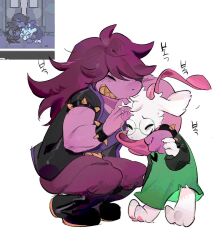  1boy 1girl animal_ears armlet barefoot black_boots black_vest boots bracelet closed_eyes colored_skin colored_teeth commentary deltarune freckles furry furry_female furry_male glasses green-framed_eyewear grin highres horns jewelry korean_text lisan_(vexnalrum) long_hair long_sleeves noogie open_clothes open_mouth open_vest pants pink_scarf purple_hair purple_pants purple_shirt purple_skin ralsei reference_inset round_eyewear scarf sharp_teeth shirt simple_background smile spiked_armlet spiked_bracelet spikes squatting susie_(dark_world)_(deltarune) susie_(deltarune) teeth translation_request utdr_(toby_fox) vest white_background yellow_teeth 