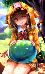  1girl animal_ears animal_hood animal_on_head asakura_karen_(heaven_burns_red) blunt_bangs blush bow bowtie brown_hair brown_skirt cat cat_ears cat_hood cat_on_head cat_tail collared_shirt commentary cowboy_shot dappled_sunlight day evil_smile fake_animal_ears glowing glowing_eyes hair_bobbles hair_ornament heaven_burns_red highres hood hood_up hoodie izumikuu long_hair looking_at_viewer low_twintails miniskirt narby_(heaven_burns_red) on_head open_mouth orange_hoodie outdoors plaid_clothes plaid_skirt red_bow red_bowtie red_eyes shaded_face sharp_teeth shirt sitting sitting_on_lap sitting_on_person skirt slime_(creature) smile solo sunlight tail tail_raised teeth tree twintails white_cat white_shirt 