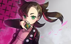  1girl asymmetrical_bangs black_hair black_jacket black_nails blush brown_hair commentary_request covering_own_mouth dress dusk_ball earrings eyelashes floating_hair green_eyes hair_ribbon hand_up holding holding_poke_ball jacket jewelry long_sleeves looking_at_viewer marnie_(pokemon) nail_polish open_clothes open_jacket peron_(niki2ki884) pink_dress poke_ball pokemon pokemon_swsh ribbon solo 