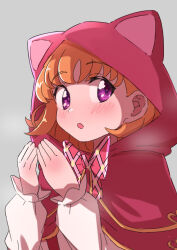  1girl :o absurdres animal_hood asahina_mirai bow bowtie capelet cat_hood commentary grey_background hakuino_hakase highres hood hood_up hooded_capelet long_sleeves looking_at_viewer magic_school_uniform_(mahou_girls_precure!) mahou_girls_precure! open_mouth orange_hair portrait precure red_bow red_bowtie red_capelet school_uniform shirt short_hair simple_background solo violet_eyes white_shirt 