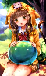  1girl :d animal_ears animal_hood animal_on_head asakura_karen_(heaven_burns_red) blunt_bangs blush bow bowtie brown_hair brown_skirt cat cat_ears cat_hood cat_on_head cat_tail collared_shirt commentary cowboy_shot dappled_sunlight day fake_animal_ears hair_bobbles hair_ornament happy heaven_burns_red highres hood hood_up hoodie izumikuu long_hair looking_at_viewer low_twintails miniskirt narby_(heaven_burns_red) on_head open_mouth orange_hoodie outdoors plaid_clothes plaid_skirt red_bow red_bowtie shirt sitting sitting_on_lap sitting_on_person skirt slime_(creature) smile solo sunlight tail tail_raised tree twintails white_cat white_shirt yellow_eyes 