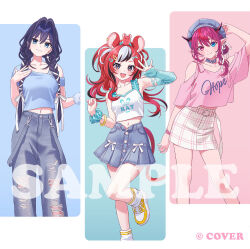  3girls :d animal_ears animal_on_head arm_warmers asymmetrical_sidelocks beret black_streaks blue_eyes blue_hair blue_hat blue_pants blue_shirt blue_skirt braid camisole choker closed_mouth clothes_writing clothing_cutout colored_tips commentary_request cropped_shirt denim denim_skirt earrings extra_ears frilled_camisole frills hair_bun hair_intakes hakos_baelz hat heart heart_o-ring heterochromia hololive hololive_english holopromise horns irys_(hololive) jeans jewelry long_hair looking_at_viewer loose_socks low_twin_braids medium_hair midriff miniskirt mouse_ears mouse_girl mouse_tail moya_(toatomoot) mr._squeaks_(hakos_baelz) multicolored_hair multiple_girls navel o-ring o-ring_choker official_art on_head open_fly open_mouth ouro_kronii pants pink_shirt plaid_clothes plaid_skirt pointy_ears purple_hair red_hair red_streaks sample_watermark scrunchie shirt shoes short_sleeves shoulder_cutout sidelocks single_arm_warmer single_hair_bun skirt smile sneakers socks star-shaped_pupils star_(symbol) star_earrings streaked_hair symbol-shaped_pupils tail twin_braids violet_eyes virtual_youtuber watermark waving white_camisole white_skirt white_socks white_streaks wrist_scrunchie yellow_shoes 