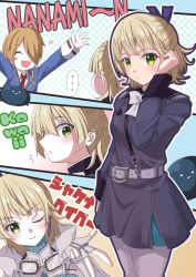  2girls belt brown_hair earpiece fingerless_gloves gloves goggles goggles_around_neck green_eyes heaven_burns_red kanyasu kayamori_ruka military_uniform multiple_girls nanase_nanami_(angel_crisis)_(heaven_burns_red) nanase_nanami_(heaven_burns_red) narby_(heaven_burns_red) one_eye_closed short_hair slime_(creature) 