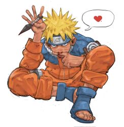 1boy blonde_hair blue_boots boots bruniosktch facial_mark forehead_protector heart highres holding holding_kunai holding_weapon jacket konohagakure_symbol kunai looking_at_viewer male_focus naruto_(classic) naruto_(series) open-toe_boots orange_jacket orange_pants pants short_hair simple_background sitting solo speech_bubble spiky_hair uzumaki_naruto weapon whisker_markings white_background 