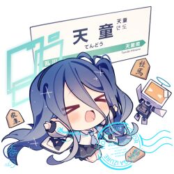  >_< 1girl :d aqua_halo aris_(blue_archive) black_hair black_hairband black_skirt blue_archive blue_necktie blush board_game chibi chibi_only commentary_request hair_between_eyes hairband halo jacket kasuga_haruhi kei_(robot)_(blue_archive) long_hair long_hair_between_eyes long_sleeves necktie one_side_up open_clothes open_jacket open_mouth outstretched_arms rectangular_halo shirt shogi shogi_piece sign simple_background skirt smile spread_arms twitter_username very_long_hair watermark white_background white_shirt xd 