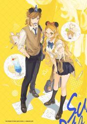  1boy 1girl 2025 absurdres adjusting_eyewear artist_name bag bandaid bandaid_on_arm black_pants black_skirt black_socks blonde_hair blue_bow blue_bowtie blue_eyes blue_necktie bow bowtie braid breasts brown_shoes brown_sweater_vest character_name charm_(object) clothes_around_waist collared_shirt commentary_request copyright_name crown_braid cup earrings food fruit glasses green_eyes grey_bag gyaru_v hair_ornament hairclip hand_in_pocket highres holding holding_bag jewelry keyring lamblab0824 lemon lemon_slice link loafers long_hair low_ponytail medium_breasts medium_hair mickey_mouse_ears necktie open_mouth pants pleated_skirt pointy_ears ponytail princess_zelda school_uniform shirt shoes shoulder_bag sidelocks skirt sleeves_rolled_up smile socks sweater sweater_around_waist sweater_vest the_legend_of_zelda the_legend_of_zelda:_breath_of_the_wild v white_shirt yellow_background 