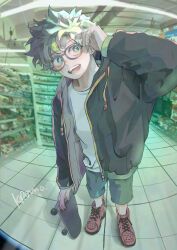  1boy absurdres alternate_costume arm_up bespectacled black-framed_eyewear black_jacket boku_no_hero_academia commentary_request convenience_store crew_neck glasses green_eyes green_hair highres holding holding_skateboard indoors jacket koromo06418109 long_sleeves looking_to_the_side male_focus midoriya_izuku open_clothes open_jacket open_mouth parted_hair red_shoes shelf shirt shoes shop shorts sideways_glance signature skateboard smile sneakers solo standing teeth tile_floor tiles white_shirt 