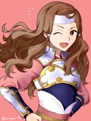  1girl ;d armor brown_eyes brown_hair fire_emblem fire_emblem_fates hana_(fire_emblem) headband highres japanese_armor japanese_clothes kurogane_75 long_hair looking_at_viewer one_eye_closed open_mouth samurai smile solo white_armor white_headband 