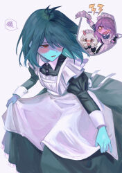  1boy 1girl 1other absurdres alternate_costume antenna_hair apron black_dress blue_hair blue_skin blush brown_eyes colored_sclera colored_skin commentary_request deltarune dress enmaided fang from_above furry furry_female furry_male goat_boy hair_over_one_eye highres holding_own_dress horns kris_(dark_world)_(deltarune) kris_(deltarune) lightning_bolt_symbol long_sleeves maid maid_headdress medium_hair pink_horns ralsei red_eyes reptile_girl skin_fang small_sweatdrop solo_focus soratake_53 spoken_squiggle squiggle susie_(dark_world)_(deltarune) susie_(deltarune) the_fun_gang unworn_maid_headdress utdr_(toby_fox) white_apron yellow_sclera 