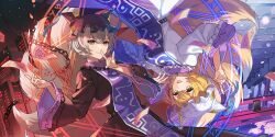  2girls alternate_color alternate_hair_color animal_hat black_dress black_hat blonde_hair blue_tabard broken broken_chain building chain closed_mouth dress dual_persona eihi fox_shadow_puppet fox_tail game_cg grey_hair hat highres kitsune long_sleeves looking_at_viewer mob_cap multiple_girls multiple_tails official_art ofuda open_mouth smile split_theme stairs tabard tail third-party_source torii touhou touhou_lostword upside-down white_dress wide_sleeves yakumo_ran yellow_eyes 