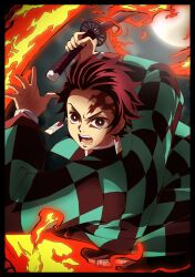  1boy black_border border brown_eyes brown_hair checkered_haori commentary demon_slayer_uniform earrings english_commentary fire forehead full_moon furrowed_brow grandguerrilla hanafuda_earrings haori highres holding holding_sword holding_weapon japanese_clothes jewelry kamado_tanjirou kimetsu_no_yaiba male_focus moon night open_mouth scar scar_on_face scar_on_forehead serious solo sword upper_body weapon 
