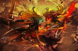  2girls ahoge battle black_bodystocking black_bodysuit black_gloves blue_eyes bodysuit borzoii breasts broken_heart broken_heart_hair_ornament brown_hair check_copyright clothing_cutout copyright_request energy_sword english_commentary evil_neuro-sama floating_hair full_body gloves glowing glowing_eyes hair_between_eyes hair_ornament hair_ribbon heart highres holding holding_sword holding_weapon light_particles lightsaber long_hair looking_at_another metal_gear_(series) metal_gear_solid motion_lines multiple_girls navel neuro-sama open_mouth raised_eyebrow red_eyes red_lightsaber red_ribbon ribbon sheath siblings sisters small_breasts smile split_mouth stomach_cutout swinging_weapon sword thigh_cutout twins two_side_up v-shaped_eyebrows vedal_ai virtual_youtuber weapon 