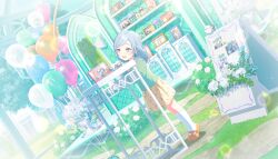  1girl :d aged_down asahina_mafuyu balloon bird bloom_festival_(project_sekai) blue_eyes blue_flower blue_hair cardigan child colorful_palette dot_nose dutch_angle floral_print floral_print_skirt flower full_body game_cg green_cardigan hanasato_minori highres hinomori_shiho hinomori_shizuku kiritani_haruka kneehighs light_blush looking_at_object mary_janes medium_hair mole mole_under_mouth momoi_airi more_more_jump!_(project_sekai) official_art open_mouth orange_shoes outdoors photo_(object) picture_frame pleated_skirt print_skirt project_sekai purple_flower rose shelf shoes skirt smile socks solo standing swept_bangs third-party_source tiptoes tree vase white_flower white_rose white_socks yellow_skirt 