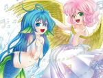  2girls :d aldiana blue_eyes blue_hair dress frills green_eyes harpy_(puyopuyo) jewelry long_hair mermaid monster_girl multiple_girls musical_note necklace open_mouth pearl_necklace pink_hair puyopuyo seriri short_hair smile white_background white_dress wings 