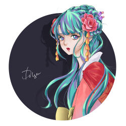  1girl aqua_eyes aqua_hair braid circle flower hair_bun hair_flower hair_ornament half_updo japanese_clothes kimono kouzuki_hiyori long_hair looking_at_viewer obi one_piece pink_kimono profile red_lips sash shadow signature solo user_zwkm3483 