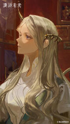  1girl absurdres copyright_name copyright_notice from_side grey_eyes grey_hair hair_ornament highres indoors logo long_hair lorentz_butterfly mole mole_under_eye official_art official_wallpaper painting_(object) parted_lips profile reverse:1999 shirt solo upper_body white_shirt 