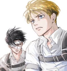  2boys armin_arlert bandage_over_one_eye bandaged_head bandages black_hair blonde_hair blue_eyes chest_harness closed_mouth collared_shirt furrowed_brow harness highres levi_(shingeki_no_kyojin) male_focus multiple_boys one_eye_covered parted_bangs parted_lips shingeki_no_kyojin shirt short_hair stitched_face stitches upper_body white_background white_shirt yuu_(39_hj_yuu) 