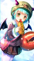  1girl :o bag black_shirt black_skirt blue_hair blunt_bangs blush bob_cut bungo_yayoi commentary cowboy_shot crab_claw demon_horns demon_wings dutch_angle fake_horns fake_pincers fake_wings food handbag heaven_burns_red helmet highres holding holding_food horned_helmet horns hot_dog izumikuu looking_at_food miniskirt open_mouth pantyhose pink_bag pleated_skirt shirt short_hair simple_background skirt sleeves_past_wrists solo v-shaped_eyebrows white_background white_pantyhose wide_sleeves wings yellow_eyes 