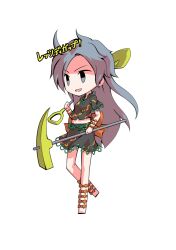  1girl back_ribbon barefoot black_shirt chibi chibi_only commentary_request dairi full_body grey_eyes grey_hair hand_up himemushi_momoyo holding holding_pickaxe holding_shovel large_variant_set long_hair midriff orange_ribbon parted_lips pickaxe ribbon shirt short_sleeves shovel simple_background skirt skirt_set smile solo standing standing_on_one_leg tachi-e touhou translation_request transparent_background variant_set 