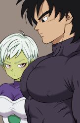  1boy 1girl absurdres bodysuit broly_(dragon_ball_super) cheelai colored_skin dragon_ball dragon_ball_super dragon_ball_super_broly green_skin highres large_pectorals meme pea-bean pectorals pixie_cut purple_bodysuit saiyan_armor white_hair 