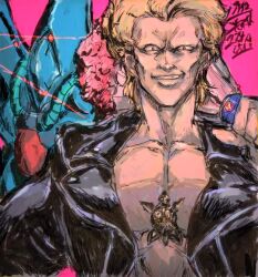  bare_pectorals blonde_hair bottle cable chest_tattoo commentary_request crazy_eyes crazy_smile extra_eyes flower_bush grin gundam hambrabi lens_flare mecha military_uniform mobile_suit moto_murabito mullet pectorals red_eyes robot science_fiction signature smile tattoo titans_(gundam) turtle yazan_gable zeta_gundam zeta_gundam_define 