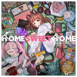  3girls ;o ^_^ absurdres alarm_clock animal_ear_headphones animal_ears baby_bottle blue_skirt book bottle breast_pocket brown_hair brown_tail cable can cat_ears cat_tail clock closed_eyes collared_shirt computer computer_mouse controller cosmetics cover desk_microphone drawing_tablet drooling emoji english_text envelope fake_animal_ears fetal_position food frilled_skirt frills from_above game_controller garter_straps glasses guitar head-mounted_display headphones highres holding holding_guitar holding_instrument hood hood_down hoodie instrument kmnz kmnz_liz_(artist) laptop leg_up lipstick_tube liz_(kmnz) lying mac_os macaron medium_hair messy_room multiple_girls neko_hacker nintendo_switch on_back on_floor on_side one_eye_closed open_mouth pacifier paw_print paw_shoes phone picture_frame pink_eyes pink_hair pink_nails pocket polka_dot polka_dot_hoodie polo_shirt poop_emoji pop_filter round_eyewear seimannu sera_(neko_hacker) shirt sho_(neko_hacker) skirt sleeping sleeves_past_wrists smile spray_can stuffed_animal stuffed_toy sunglasses tail teddy_bear thigh-highs twintails video_thumbnail virtual_youtuber white_hoodie white_shirt 