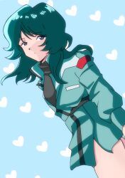  aeug alternate_universe blue_eyes blue_hair genderswap genderswap_(mtf) gundam heart heart_background heart_print highres kamille_bidan long_hair looking_at_viewer military_uniform miniskirt science_fiction skirt turtleneck user_tksp7334 zeta_gundam 