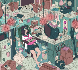  1girl absurdly_detailed_composition absurdres anachronism analog_clock bag barefoot black_hair black_sailor_collar black_skirt box cable cardboard_box cellphone chair clock closed_mouth commentary_request computer_keyboard computer_mouse controller covered_eyes crt desk drink_carton electric_fan electrical_outlet full_body game_controller hanging_light head-mounted_display highres indoors ipad kyomusyabon light_bulb loaded_interior messy_room microwave milk_carton monitor neckerchief on_chair original paper phone pink_neckerchief pleated_skirt poster_(object) refrigerator remote_control sailor_collar scenery school_bag school_uniform serafuku shelf shirt short_hair sitting skirt slice_of_life smartphone solo swivel_chair tablet_pc trash_bag trash_can vacuum_tube videocassette white_shirt 