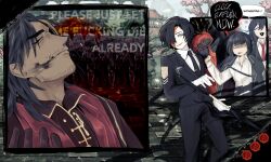  1girl 1other 3boys black_coat black_hair black_necktie black_suit cigar clock coat dante_(limbus_company) dark-skinned_male dark_skin english_text fire gameplay_mechanics gloves highres hong_lu_(project_moon) index_(identity)_(project_moon) lei_heng_(project_moon) limbus_company mcnauru multiple_boys necktie object_head profanity project_moon red_coat red_necktie red_shirt ryoshu_(project_moon) scar scar_on_face shirt short_hair smoking speech_bubble suit white_gloves white_shirt yellow_eyes yi_sang_(project_moon) 