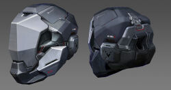  caldari_state_(eve_online) combat_helmet commentary concept_art dust_514 english_commentary eve_online gradient_background grey_background grey_theme helmet highres multiple_views no_humans official_art realistic science_fiction unworn_headwear unworn_helmet 