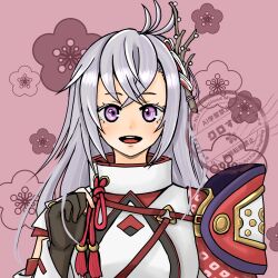  1girl armor grey_hair hair_between_eyes hair_branch highres japanese_armor japanese_clothes kaguya_(rune_factory) long_hair looking_at_viewer open_mouth red_rope rope rune_factory rune_factory:_guardians_of_azuma shiawaselapin upper_body violet_eyes 