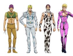  4boys animal_print beanie black_hair blonde_hair blue_eyes brothers cleavage_cutout clothing_cutout commentary cow_print crop_top donatello_versus english_commentary facial_mark giorno_giovanna grandguerrilla green_eyes grin half-siblings hand_on_own_hip hat highres holding holding_scissors jojo_no_kimyou_na_bouken light_frown male_focus multiple_boys official_style pectoral_cleavage pectorals ponytail purple_hair rikiel scissors siblings smile stone_ocean ungaro vento_aureo yellow_eyes 