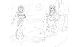  1girl absurdres bag chair closed_mouth crossed_legs cup dress eternity_(reverse:1999) evening_gown full_body greyscale grin handbag high_heels highres holding holding_bag holding_cup jellyfish_earrings jewelry knees_together_feet_apart lineart long_dress looking_at_viewer monochrome multiple_views necklace nightgown off-shoulder_dress off_shoulder on_chair ponytail reverse:1999 side_slit sitting smile standing xiaoxiaowu 