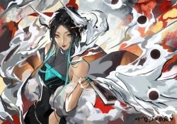  1girl aqua_eyes aqua_hair aqua_nails bare_arms bare_shoulders black_dress black_hair chinese_commentary commentary dress facial_mark feather_boa folding_fan forehead gradient_hair hand_fan holding holding_fan huadian jewelry long_hair looking_at_viewer looking_up moon_phases multicolored_hair nail_polish necklace parted_bangs path_to_nowhere pointing pointing_at_viewer signature sleeveless sleeveless_dress smile smoke solo upper_body yugu_(path_to_nowhere) zheshanshan 
