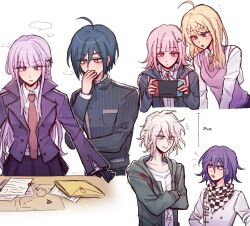  3boys 3girls ahoge akamatsu_kaede black_gloves black_hair black_jacket black_ribbon blush braid breasts brown_hair checkered_neckerchief collared_shirt danganronpa:_trigger_happy_havoc danganronpa_(series) danganronpa_2:_goodbye_despair danganronpa_v3:_killing_harmony flipped_hair gloves green_jacket hair_between_eyes hair_ornament hair_ribbon handheld_game_console highres holding holding_handheld_game_console hood jacket kirigiri_kyoko komaeda_nagito long_hair long_sleeves medium_hair multiple_boys multiple_girls nanami_chiaki neck_ribbon neckerchief necktie oma_kokichi open_clothes open_jacket pink_eyes pink_ribbon ribbon saihara_shuichi shirt short_hair side_braid simple_background skirt striped_clothes toastyy white_shirt 