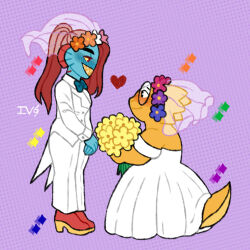  2020 2d 2girls alphys alternate_costume animal_nose anthro barefoot ben-day_dots black_eyepatch blue_skin boots bride bride_veil buck_teeth colored_sclera colored_skin colored_teeth commentary crossdressing crossdressing_(ftm) digital_media dinosaur dinosaur_girl dot_background dress duo ear_fins english_commentary eyepatch female female_only fins fish fish_girl flower formal_clothes full_body glasses head_fins heart height_difference high_heel_boots high_ponytail holding_flower lizard lizard_girl lizard_tail long_hair long_sleeves monster monster_girl multiple_girls off-shoulder_dress off_shoulders orquidia pants ponytail purple_background red_boots red_hair reptile reptile_girl reptile_tail scalie screentones sharp_teeth simple_background slit_pupils sparkle standing suit tailcoat teeth tuxedo undertale undyne utdr_(toby_fox) veil white_dress white_pants white_suit white_veil yellow_flower yellow_sclera yellow_skin yellow_teeth yuri 