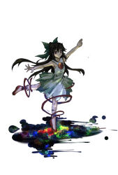  1girl black_hair bow chest_eye collar commentary_request dancing dress flats full_body green_bow hair_bow highres knees leg_ribbon lingwu_lukong long_hair outstretched_arms red_eyes red_ribbon reiuji_utsuho ribbon simple_background sleeveless sleeveless_dress solo space standing standing_on_one_leg starry_sky_print straight-on third_eye tiptoes touhou very_long_hair white_background white_collar white_dress 