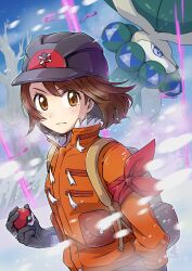  1girl arm_at_side arm_ribbon backpack bag black_gloves black_helmet blush brown_eyes brown_hair calyrex closed_mouth commentary_request dynamax_band expedition_uniform eyelashes gloria_(pokemon) gloves helmet highres holding holding_poke_ball jacket official_alternate_costume orange_jacket peron_(niki2ki884) poke_ball poke_ball_(basic) pokemon pokemon_(creature) pokemon_swsh ribbon snowing 