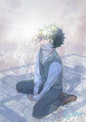  2boys absurdres bakugou_katsuki black_pants boku_no_hero_academia brown_shoes collared_shirt commentary_request field green_eyes green_hair grey_vest highres kneeling koromo06418109 long_sleeves looking_up male_focus midoriya_izuku multiple_boys official_alternate_costume open_collar open_mouth outdoors pants shadow shirt shoes short_hair sitting solo_focus vest wariza white_shirt 