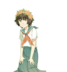  1girl bare_arms black_hair blue_sailor_collar blue_skirt brown_eyes closed_mouth commentary english_commentary feet_out_of_frame flower flower_hairband highres leaf medium_skirt neckerchief nose pink_flower pleated_skirt red_neckerchief sailor_collar sakugawa_school_uniform school_uniform serafuku shirt short_hair short_sleeves simple_background skirt solo standing summer_uniform toaru_majutsu_no_index uiharu_kazari vilatile white_background white_shirt 