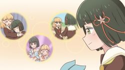  2girls bare_shoulders blue_dress blunt_bangs blunt_ends bob_cut brown_dress celebration!_(love_live!) cerise_bouquet closed_mouth collarbone commentary_request detached_sleeves dress flower flower_knot green_hair hair_flower hair_ornament hasu_no_sora_school_uniform highres hinoshita_kaho link!_like!_love_live! long_sleeves love_live! medium_hair momose_ginko multiple_girls multiple_views neckerchief orange_background orange_hair profile puffy_detached_sleeves puffy_short_sleeves puffy_sleeves rabbit_hair_ornament red_flower red_neckerchief remembering sailor_collar sailor_dress school_uniform short_hair short_sleeves smile strapless strapless_dress sukecolo two_side_up virtual_youtuber white_sailor_collar winter_uniform yellow_neckerchief 