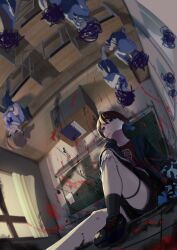  6+girls absurdres black_shorts blue_hair blue_shirt brown_hair censored censored_identity classroom commentary_request curtains girls_band_cry grey_hair highres hina_(girls_band_cry) iseri_nina kuuhaku_to_catharsis localized_gravity low_twintails multiple_girls nanafuku partial_commentary school_uniform shirt short_hair short_twintails shorts sitting twintails upside-down_world 