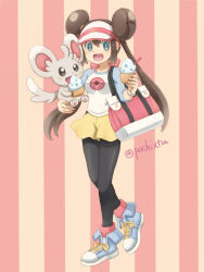  1girl artist_name back_bow bag black_pantyhose blue_eyes blue_shirt blue_shoes bow brown_hair donut_hair_bun double_bun food full_body hair_bun holding holding_food holding_ice_cream holding_pokemon ice_cream long_hair looking_at_viewer minccino open_mouth pantyhose pantyhose_under_shorts pink_background pink_bow pochi_(furaigonn) pokemon pokemon_(creature) pokemon_bw2 raglan_sleeves rosa_(pokemon) shirt shoes short_shorts shorts smile sneakers striped_background twintails very_long_hair visor_cap white_shirt yellow_shorts 