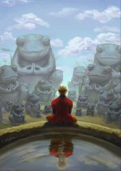  2boys blonde_hair frog highres jiraiya_(naruto) male_focus multiple_boys naruto_(series) naruto_shippuuden reflection sennin_mode statue teacher_and_student uzumaki_naruto valleyofwater water white_hair 