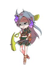  1girl back_ribbon barefoot black_shirt chibi chibi_only commentary_request dairi full_body grey_eyes grey_hair half-closed_eyes hand_up himemushi_momoyo holding holding_pickaxe holding_shovel large_variant_set long_hair midriff orange_ribbon pickaxe ribbon shaded_face shirt short_sleeves shovel simple_background skirt skirt_set solo standing standing_on_one_leg tachi-e touhou transparent_background variant_set 