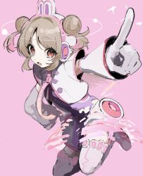  1girl absurdres animal_ears brown_hair double_bun dress fake_animal_ears full_body gloves hair_bun headphones highres index_finger_raised jacket kohako looking_at_viewer natori_sana official_alternate_costume open_mouth pink_background pointing pointing_at_viewer purple_dress rabbit_ears red_eyes sana_channel short_hair solo thigh-highs virtual_youtuber white_gloves white_jacket white_thighhighs 